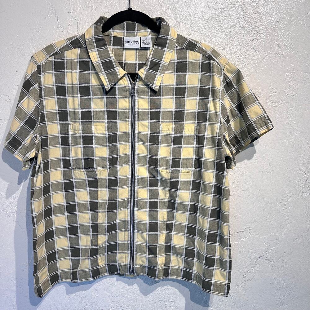 Vintage Medium 100% Cotton Short Sleeve Zip Front Woven Top Plaid Yellow Olive